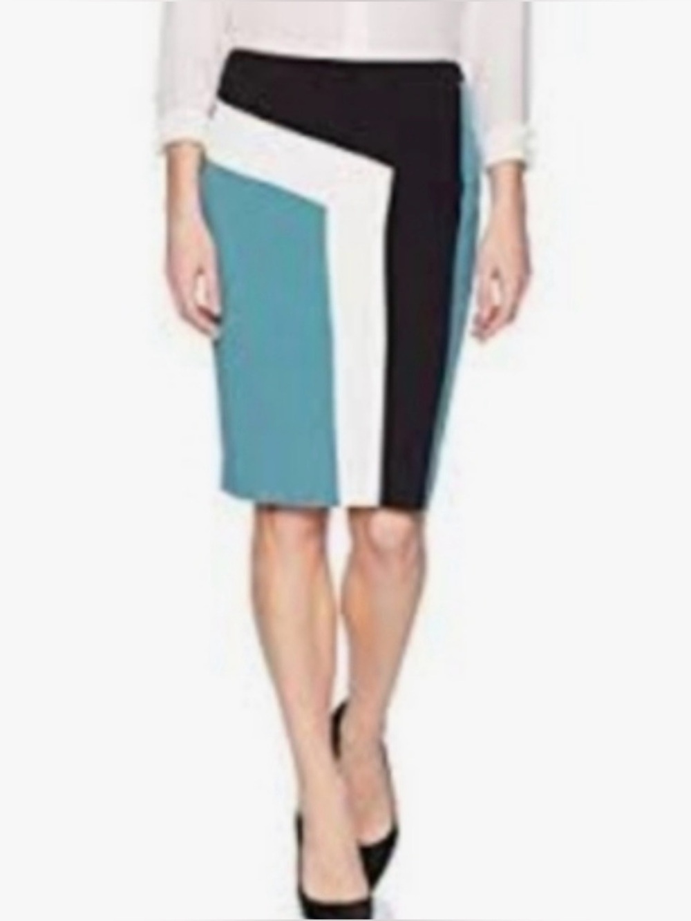 Nine West Women’s Teal (Patina / Seagreen) Black & White Colorblock Pencil Skirt